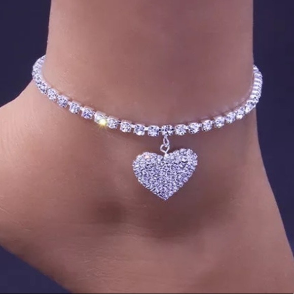 Anklet rhinestone heart diamonds sparkly crystal silver shiny sexy y2k luxe cute - Picture 2 of 2